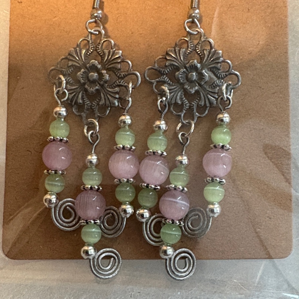 Elegant Floral Silver and Pink Dangle Earrings